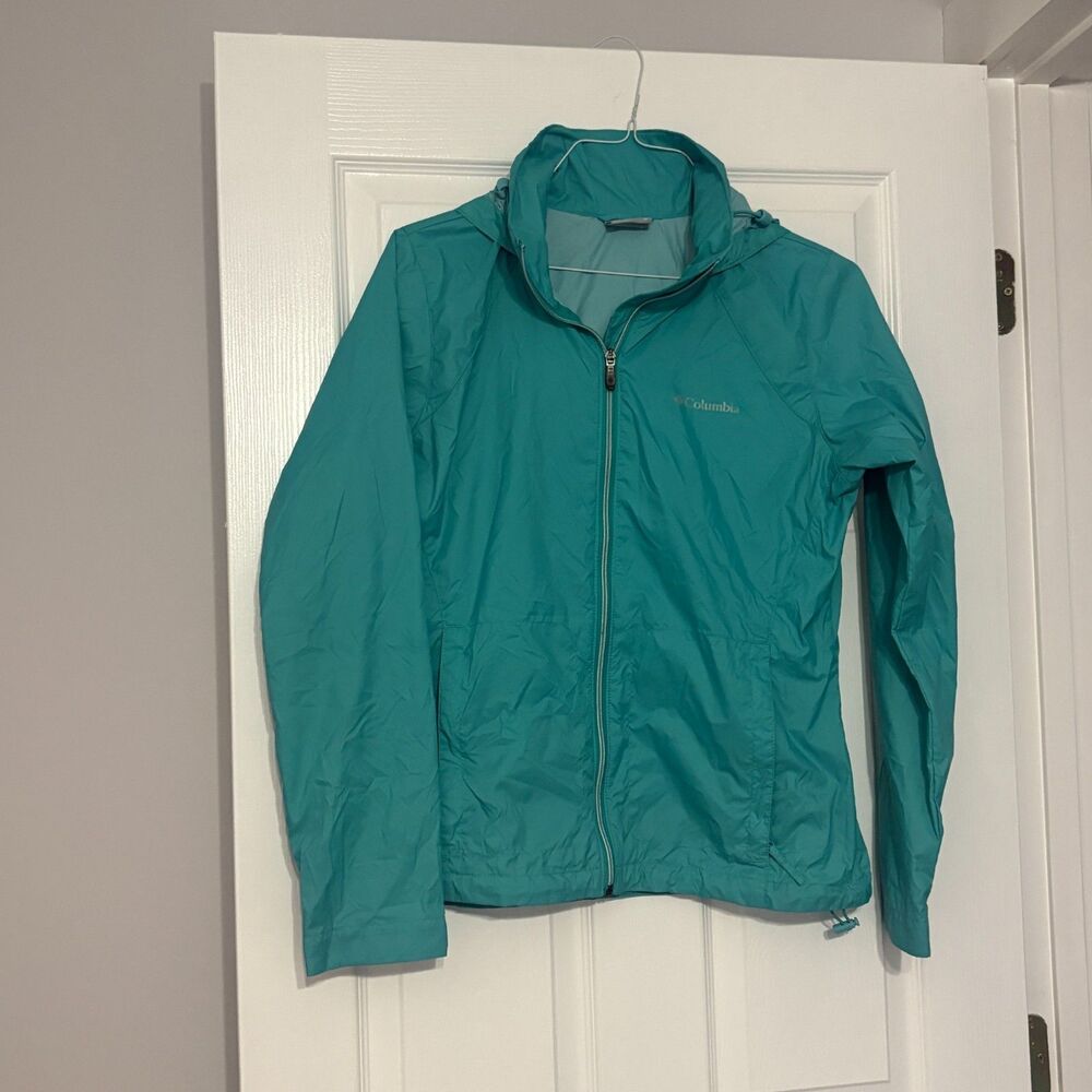 Columbia Windbreaker Raincoat Womens M Green Teal Hooded Full Zip Lightweight